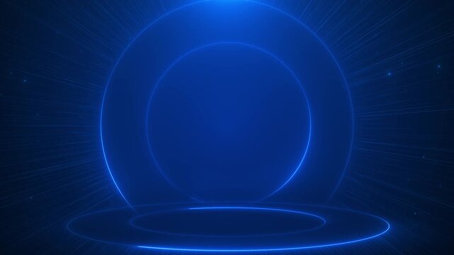 Blue futuristic stage platform glowing circular rings, large empty display space, radial light streaks. for product reveals, tech presentations, virtual studios, award intros, and digital overlays.