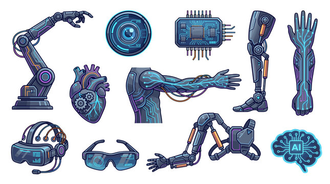 Collection of robotic body parts and ai symbol on for futuristic designs