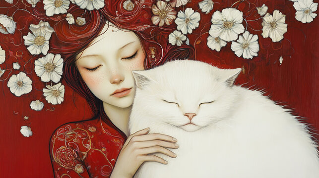 An image of a beautiful girl with closed eyes, wearing a red dress and white flowers in her hair. The girl is hugging a large white cat, against a red background.