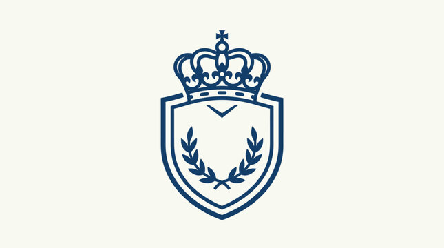 Elegant vintage royal crown and shield emblem with laurel wreaths. Classic heraldic symbol design, premium quality line art vector.