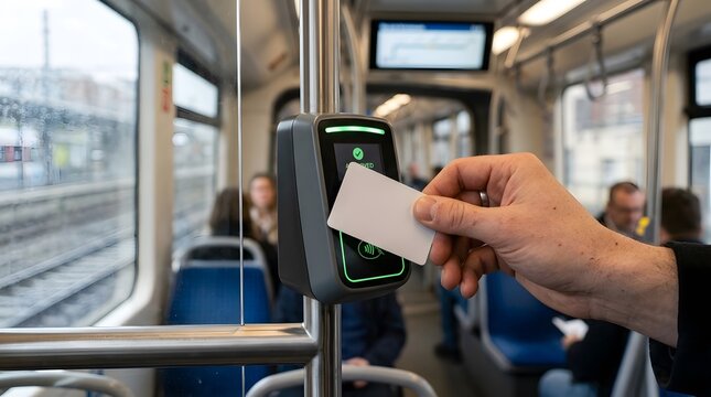 Person tapping a blank white card on a contactless payment reader inside a modern public transport train with passengers.
