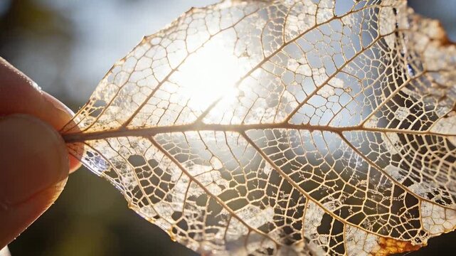 Entering left hand holding leaf with thumb and finger toward sun in park, revealing vein network