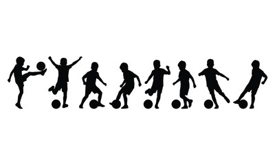 Obraz premium A series of black silhouettes depicting young boys playing soccer in different positions.