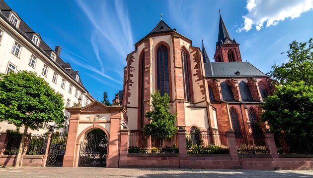 Historic red brick cathedral with arched entrance and spire