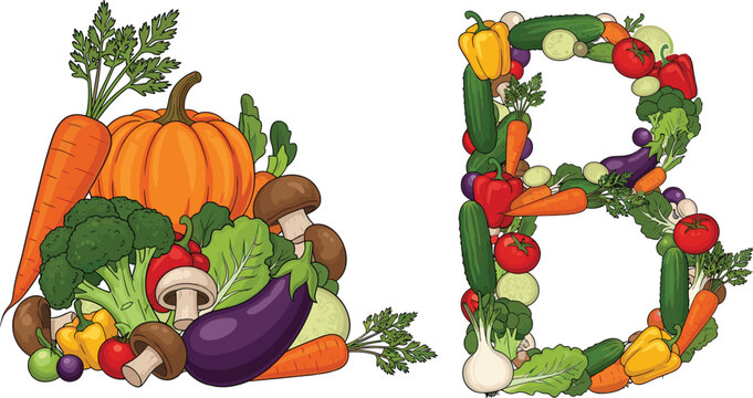 Vector illustration of vegetables arranged into the letters A and B, featuring carrots, pumpkins, and various colorful vegetables