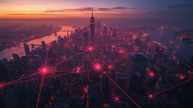 New York City skyline at twilight with glowing red network lines and dots connecting illuminated skyscrapers over river