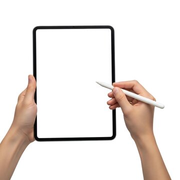Person using stylus on digital tablet screen isolated on white background