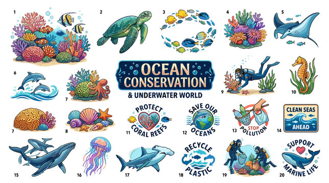 Ocean conservation stickers with sea creatures and eco friendly messages