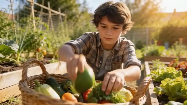 Reaching into woven basket, child in plaid shirt sorting produce at garden bed, preparing harvest