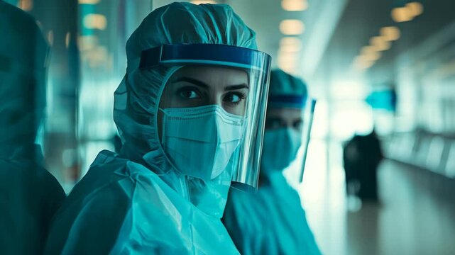 A healthcare professional wearing a full protective suit and face mask