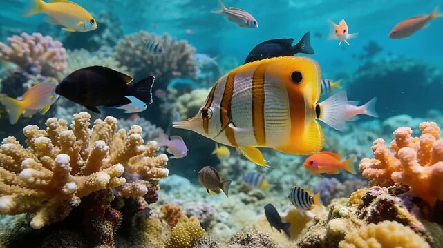 Panning large yellow reef fish moving along shallow coral reef while small fish darting and feeding