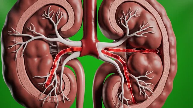 Human kidneys with detailed vascular structure and ureters shown