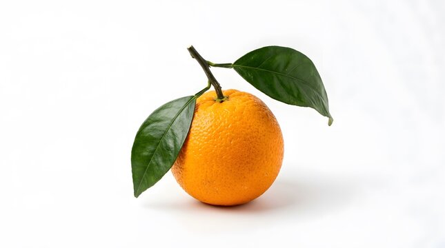 A vibrant kumquat fruit with glossy green leaves stands out against a clean bright white background