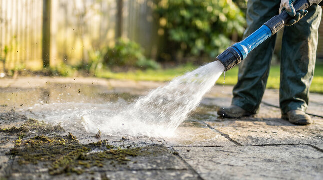 Closeup of a person using a pressure washer to clean a dirty patio, removing moss and grime from stone paving slabs in a garden