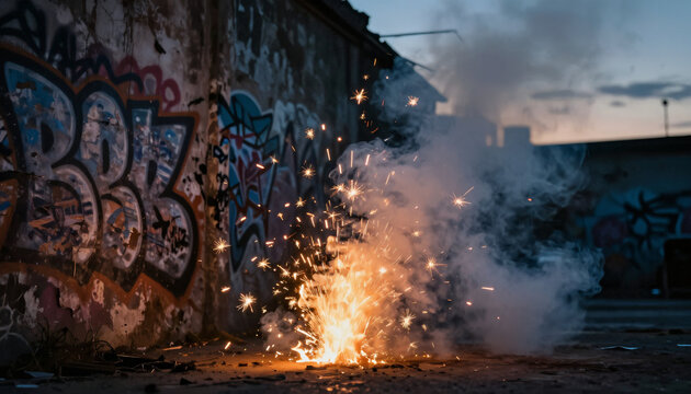 Feuerwerk Funkenregen vor Graffiti Wand