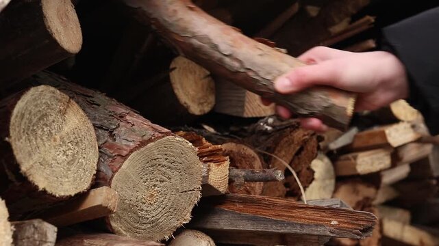 Close-up of a hand taking wood from a pile of prepared firewood. Concept of fuel harvesting, home heating and rural life. A woman's hand selects and takes a log from a pile, close-up