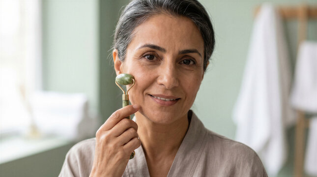 Middleaged woman using a jade facial roller for skincare routine in a bathroom