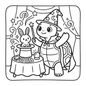 Cute turtle doing magic tricks coloring page for kids easy fun bold outline simple cartoon art