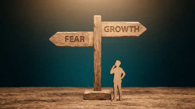 Wooden signpost with two arrows pointing in opposite directions, one labeled fear and the other growth, with a cutout figure of a man thinking