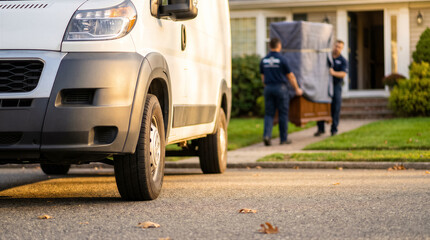 Naklejka premium Professional movers carrying a large piece of furniture wrapped in a protective moving blanket from a house to a moving van