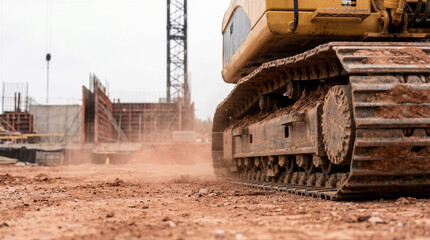 Fototapeta premium Closeup of a yellow excavator tracks on a dusty construction site with a crane and concrete foundation in the background