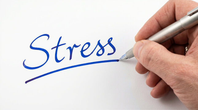 Hand writing the word stress with a blue pen isolated on white background