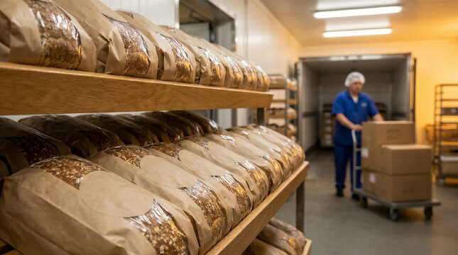 Worker in a bakery warehouse moving a cart with cardboard boxes of bread products, shelves filled with packaged loaves in the foreground