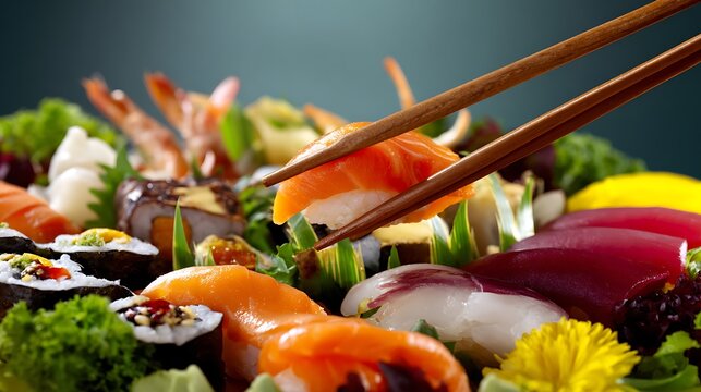 Close-up of chopsticks holding fresh salmon sushi piece over assorted sushi platter with rolls and sashimi on blurred background