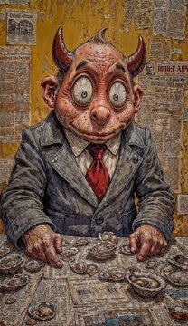 Devil-like creature in suit counting oysters on a table.