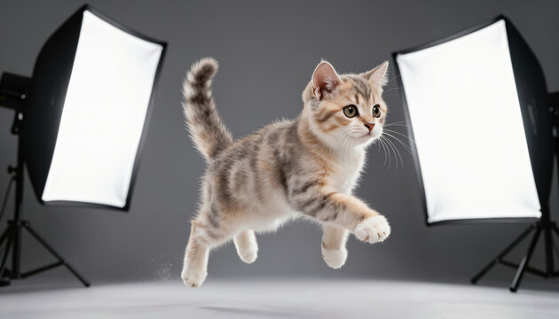 Actionfoto eines springenden K&auml;tzchens im Studio-Set