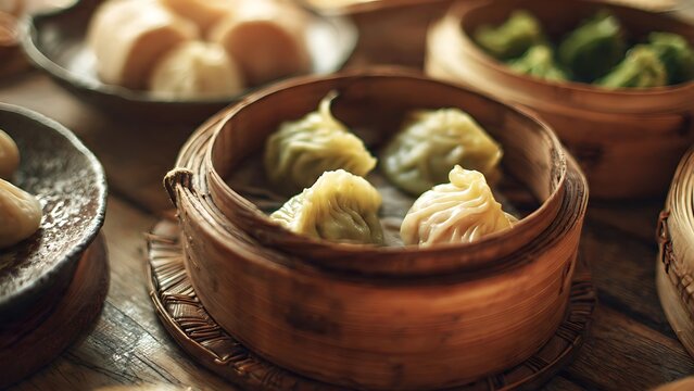 Steamed dumplings in bowl.