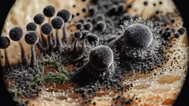 Microscopic view of mold growing on bread showing spores and hyphae.
