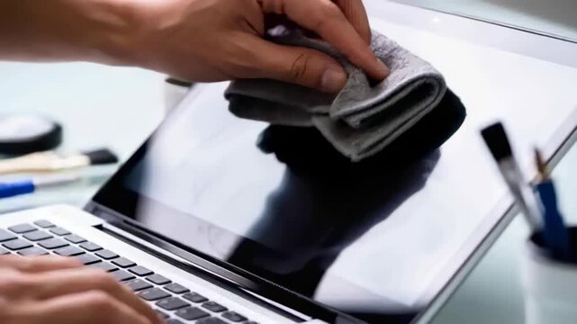 Noticing fingerprints, hands wiping convertible laptop touchscreen at desk, using microfiber cloth