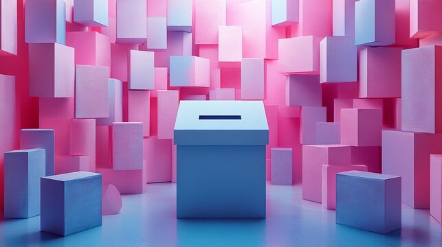 A futuristic ballot box stands center stage in a vibrant pink and blue geometric cube environment symbolizing modern democracy or artificial intelligence voting systems with abstract digital.