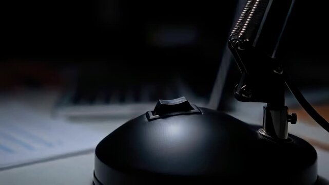 Reaching left hand pressing rocker switch on mic base at desk, toggling mic for recording