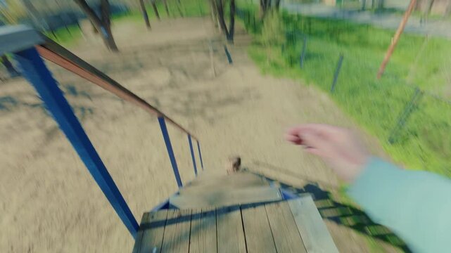 The dog and the owner run around the dog simulator on command. An intelligent dog performs an exercise on a high bridge.  Training a small dog on a dog park. From the first person.