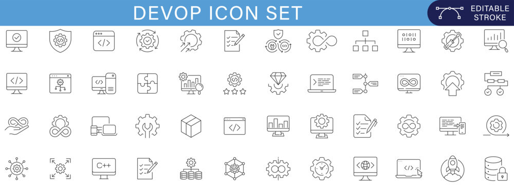 DevOps icon set collection with cloud computing, automation, coding, deployment, server monitoring, cybersecurity, CI CD, database, analytics and software engineering vector line symbols editable stro