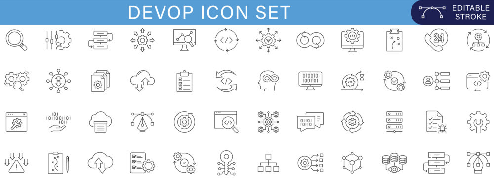 DevOps icon set collection with cloud computing, automation, coding, deployment, server monitoring, cybersecurity, CI CD, database, analytics and software engineering vector line symbols editable stro