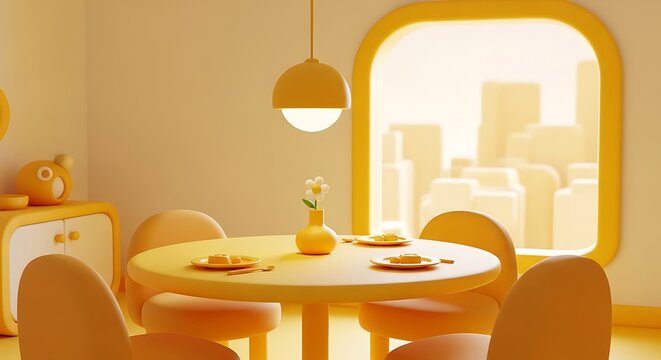Modern dining setup with round table and pendant light in cozy room