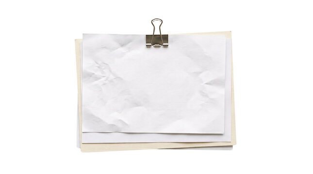 Crumpled White Paper Sheets Held by Binder Clip on Transparent Background