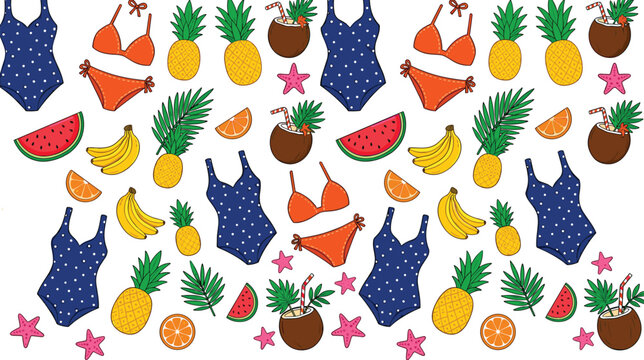 Summer tropical seamless pattern with swimsuits, fruits and leaves colorful vector illustration for beach vacation textile design