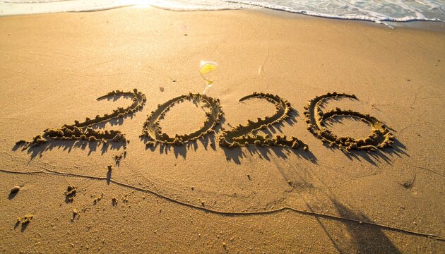 Sandy beach art - 2026 year written in sand near ocean.