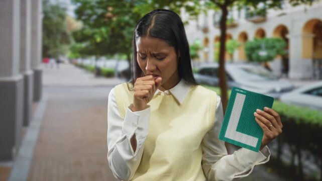 Woman holding learner l sign, coughing into her fist on a street lined with arched buildings; distress vulnerability.