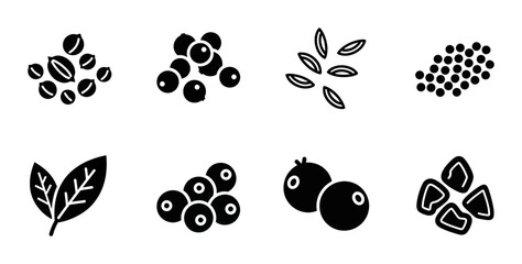 Fototapeta premium 8 Spice silhouette icons peppercorn bay leaf cumin seed, solid black style, food cooking category