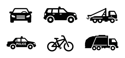 6 Vehicle silhouette icons police car bicycle garbage truck, solid black style, city transport set © Sizan