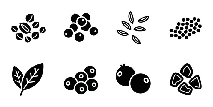 8 Spice silhouette icons peppercorn bay leaf cumin seed, solid black style, food cooking category