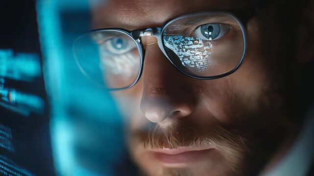 Closeup of a concentrated software developer examining complex code with digital reflections in his glasses. The scene highlights technology, cybersecurity, and modern programming trends