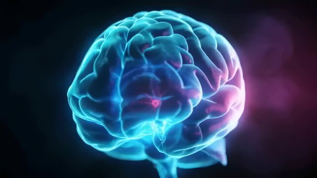 Rotating brain pulsing magenta node and filaments in void, animation starting and showing brainstem