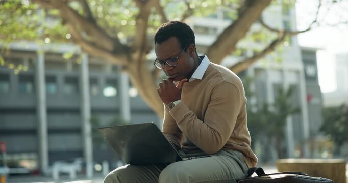Thinking, typing or businessman with laptop in city, upload property listing or residence description. Review, African realtor or pc for real estate market insight, planning or open house schedule