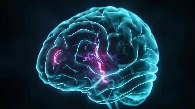 Rotating glowing cyan brain in void showing magenta streaks from midline spreading left for study